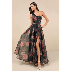 Lulus Truly Extraordinary Black Floral Organza One-shoulder Maxi Dress - Size 1X